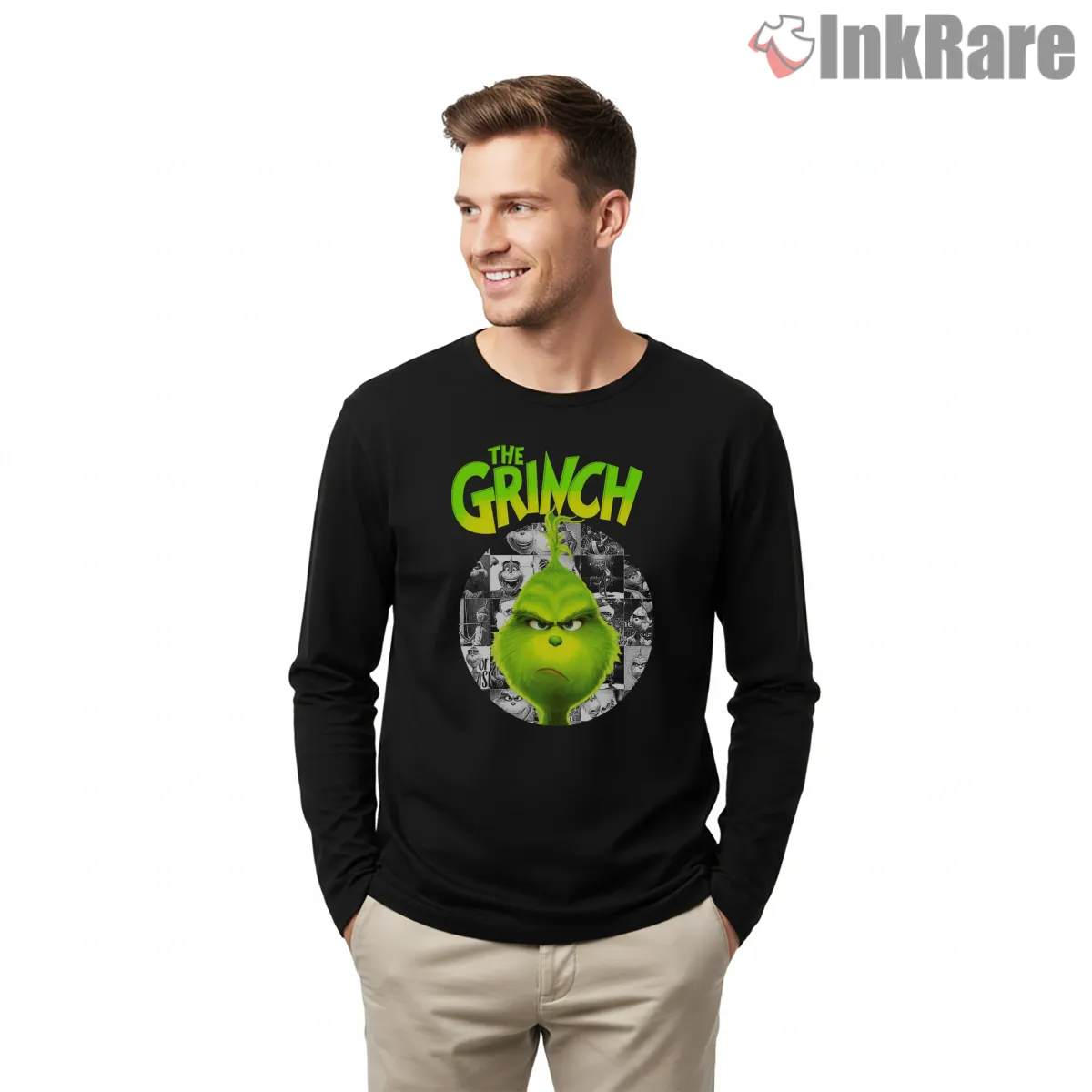 The Grinch Classic Close Up Christmas Shirt on black long sleeve shirt for men graphic tee