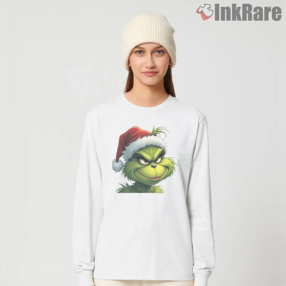 The Grinch Classic Mischief Portrait Shirt on white long sleeve shirt for women graphic tee