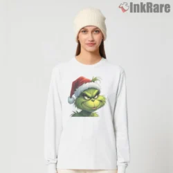 The Grinch Classic Mischief Portrait Shirt on white long sleeve shirt for women graphic tee