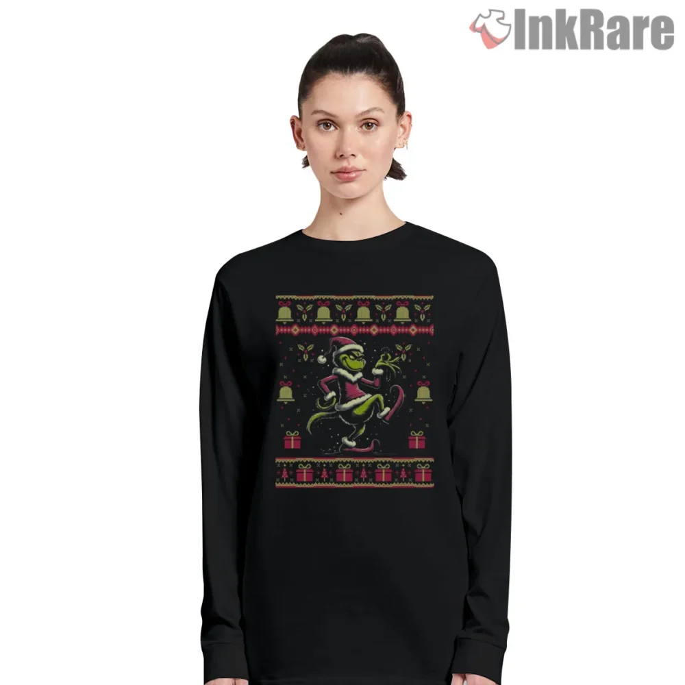 The Grinch Grooves Gift Box Christmas Shirt on black long sleeve shirt for women graphic tee