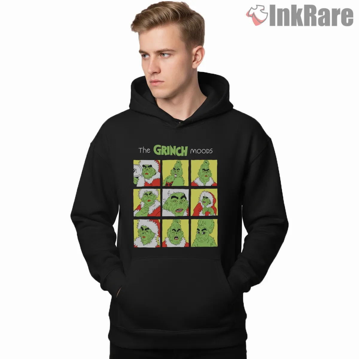 The Grinch Moods Funny Christmas Grid Shirt on black hoodie for men graphic tee
