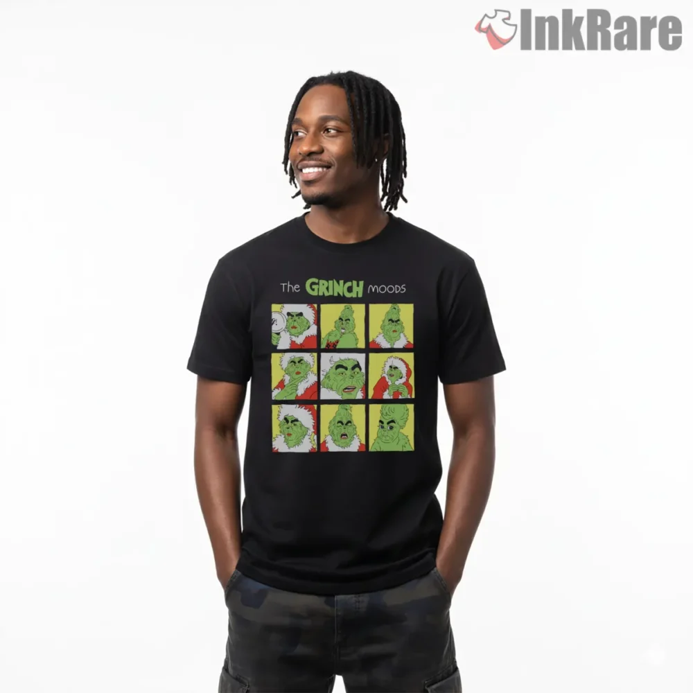 The Grinch Moods Funny Christmas Grid Shirt on black short sleeve shirt for men graphic tee