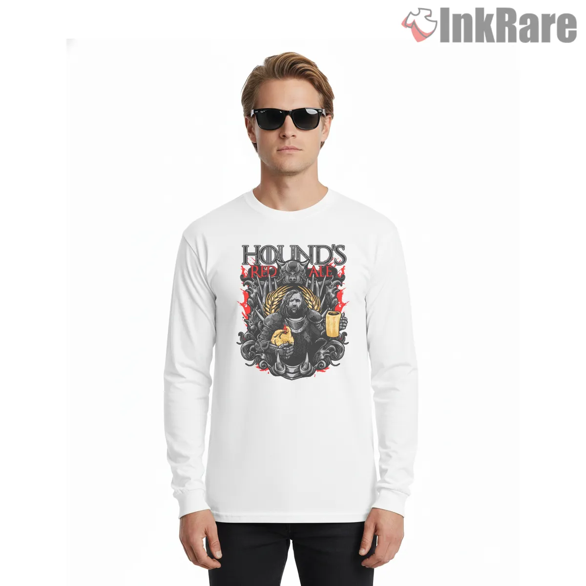The Hound Red Ale Medieval Tavern Graphic Long Sleeve White The Hound Red Ale Medieval Tavern Graphic Shirt on white long sleeve shirt for men graphic tee