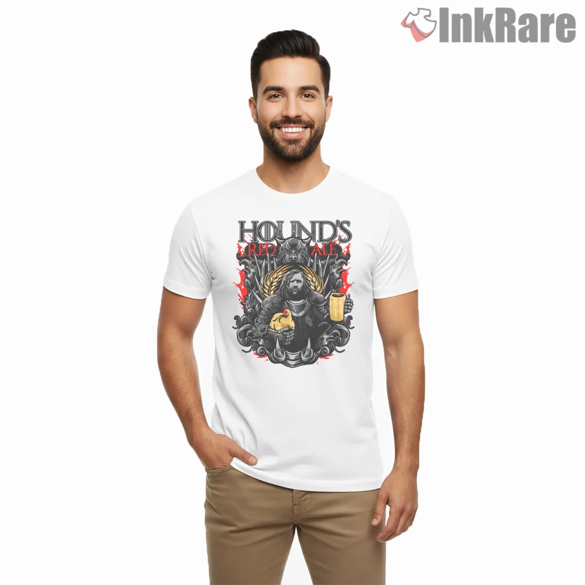 The Hound Red Ale Medieval Tavern Graphic Short Sleeve White The Hound Red Ale Medieval Tavern Graphic Shirt on white short sleeve shirt for men graphic tee