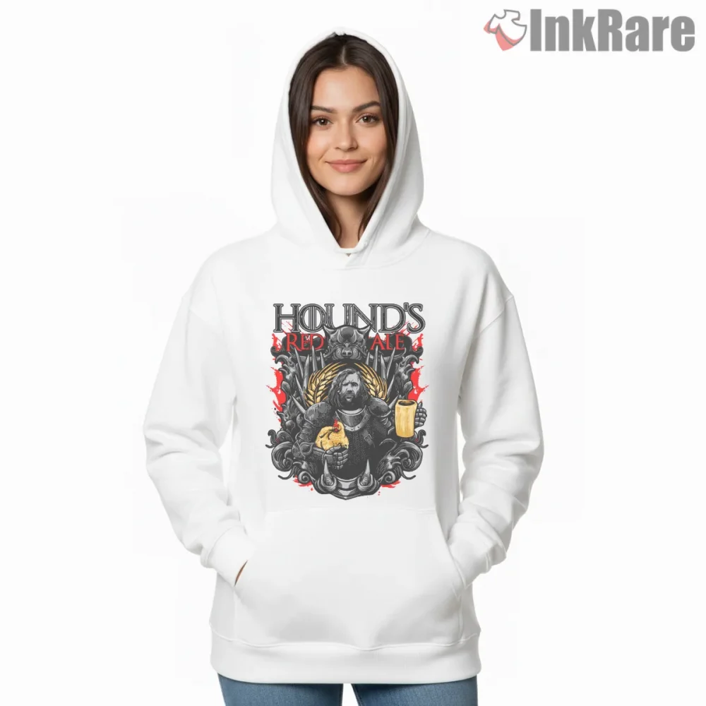 The Hound Red Ale Medieval Tavern Graphic Shirt on white hoodie for women graphic tee