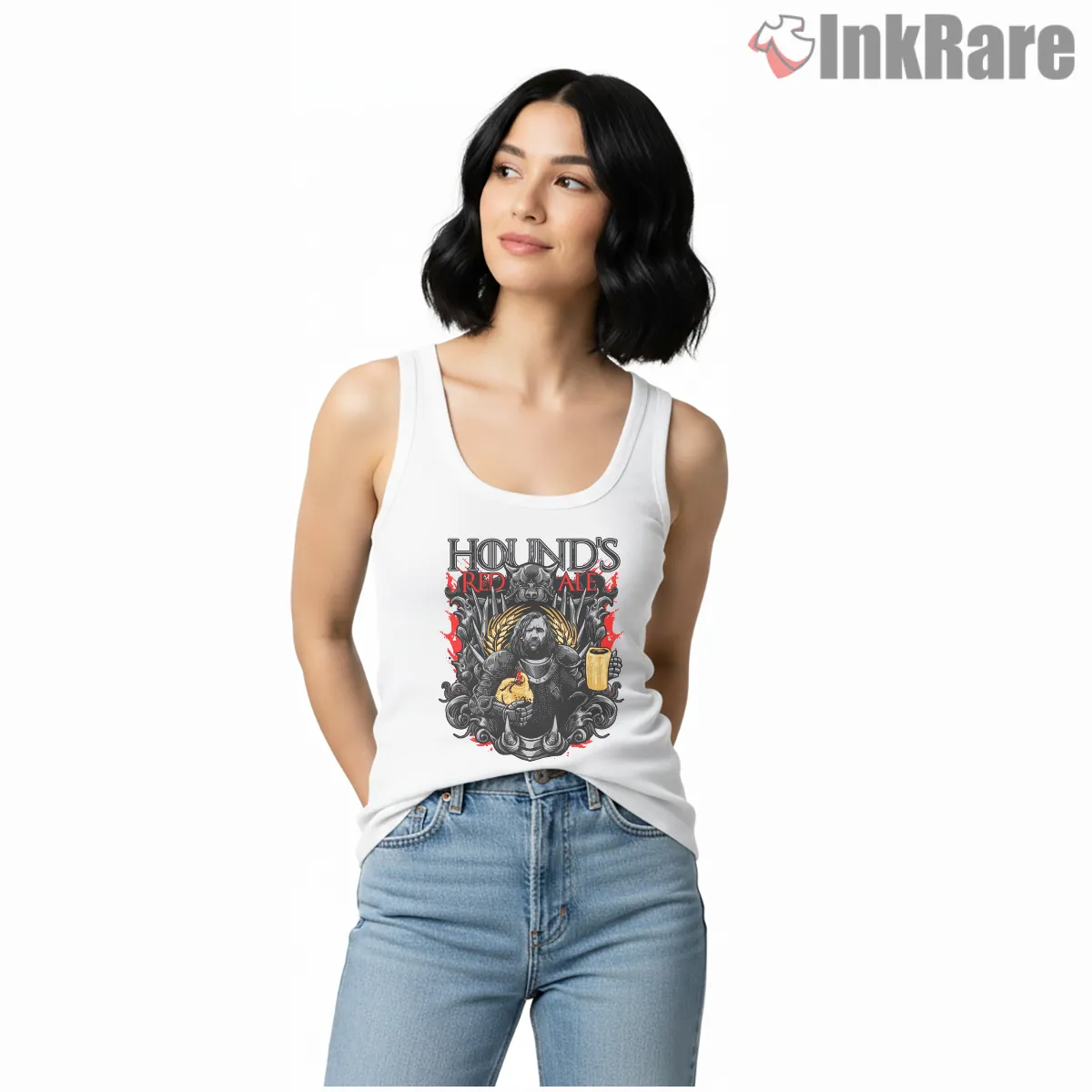 The Hound Red Ale Medieval Tavern Graphic Shirt on white tank top for women graphic tee