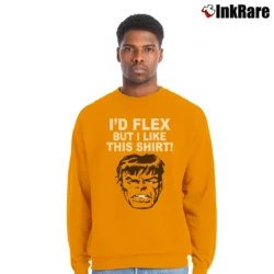 Men’s The Hulk I'd Flex But I Like This Marvel Crewneck Sweatshirt in orange | Cozy Fabric, Clean Style