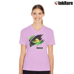Women’s The Hulk Marvel Movie Promo V-Neck Tee in light pink | Chic Neckline, Soft Texture