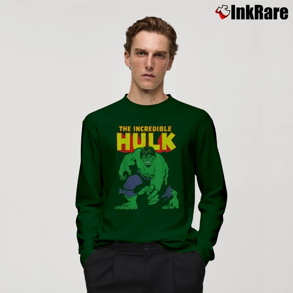 Men’s The Incredible Hulk Distressed Portrait Marvel Long-Sleeve Shirt in forest green | Sleek, Lightweight, Year-Round Wear