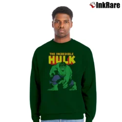Men’s The Incredible Hulk Distressed Portrait Marvel Crewneck Sweatshirt in forest green | Cozy Fabric, Clean Style