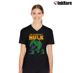 Women’s The Incredible Hulk Distressed Portrait Marvel V-Neck Tee in black | Chic Neckline, Soft Texture