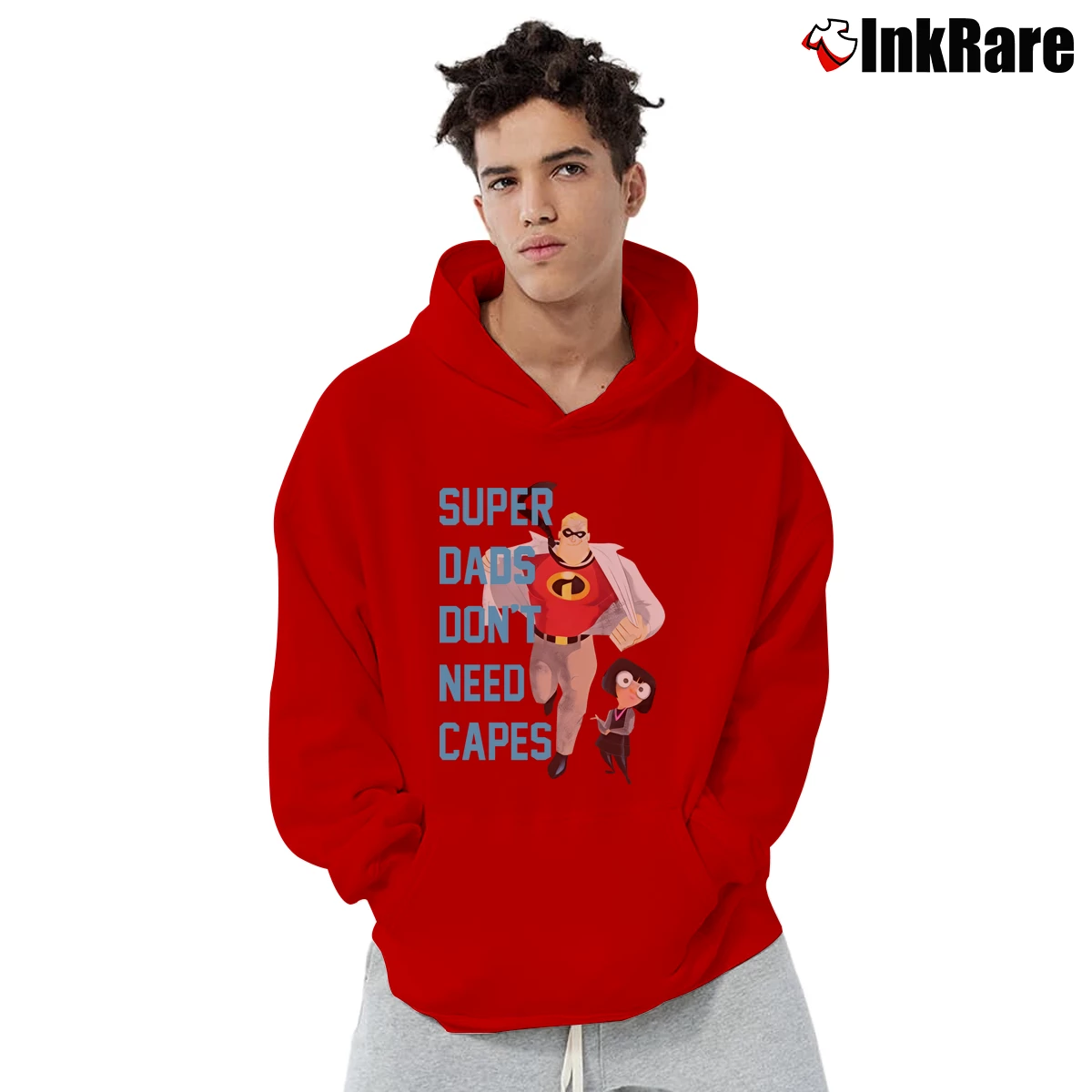 Men’s The Incredibles Super Dads Don't Need Capes Pullover Hoodie in red | Cozy, Durable, Modern Fit