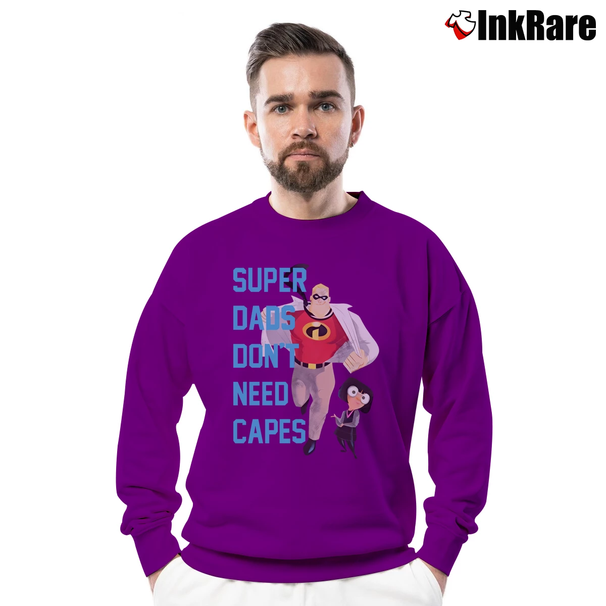 Men’s The Incredibles Super Dads Don't Need Capes Crewneck Sweatshirt in purple | Cozy Fabric, Clean Style