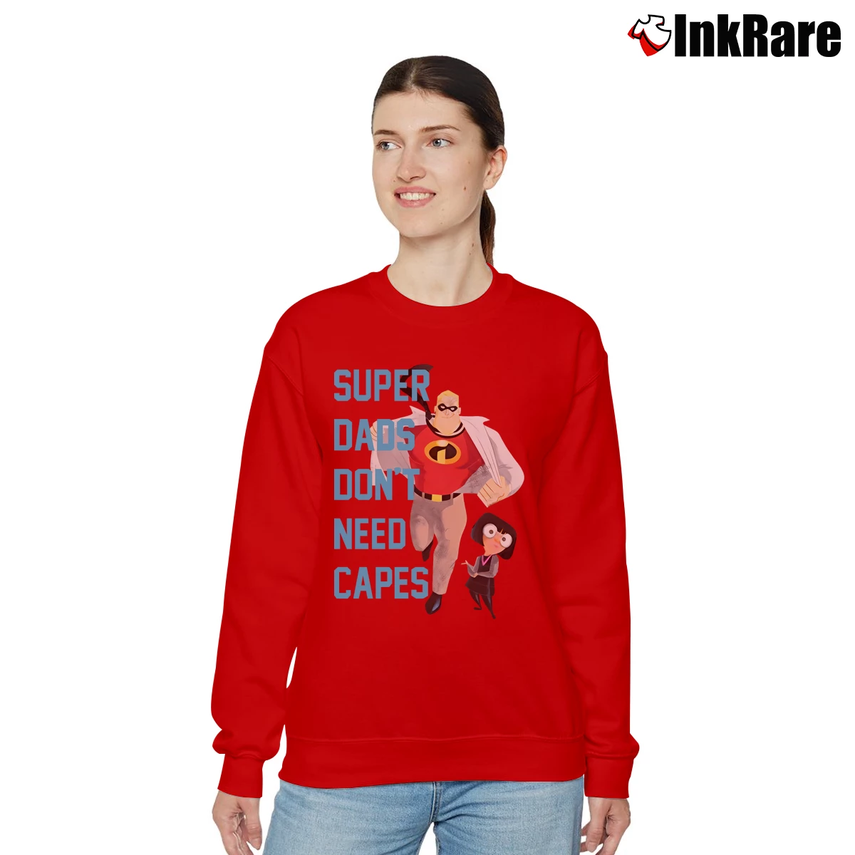 Women’s The Incredibles Super Dads Don't Need Capes Relaxed Sweatshirt in red | Soft, Laid-Back Vibe