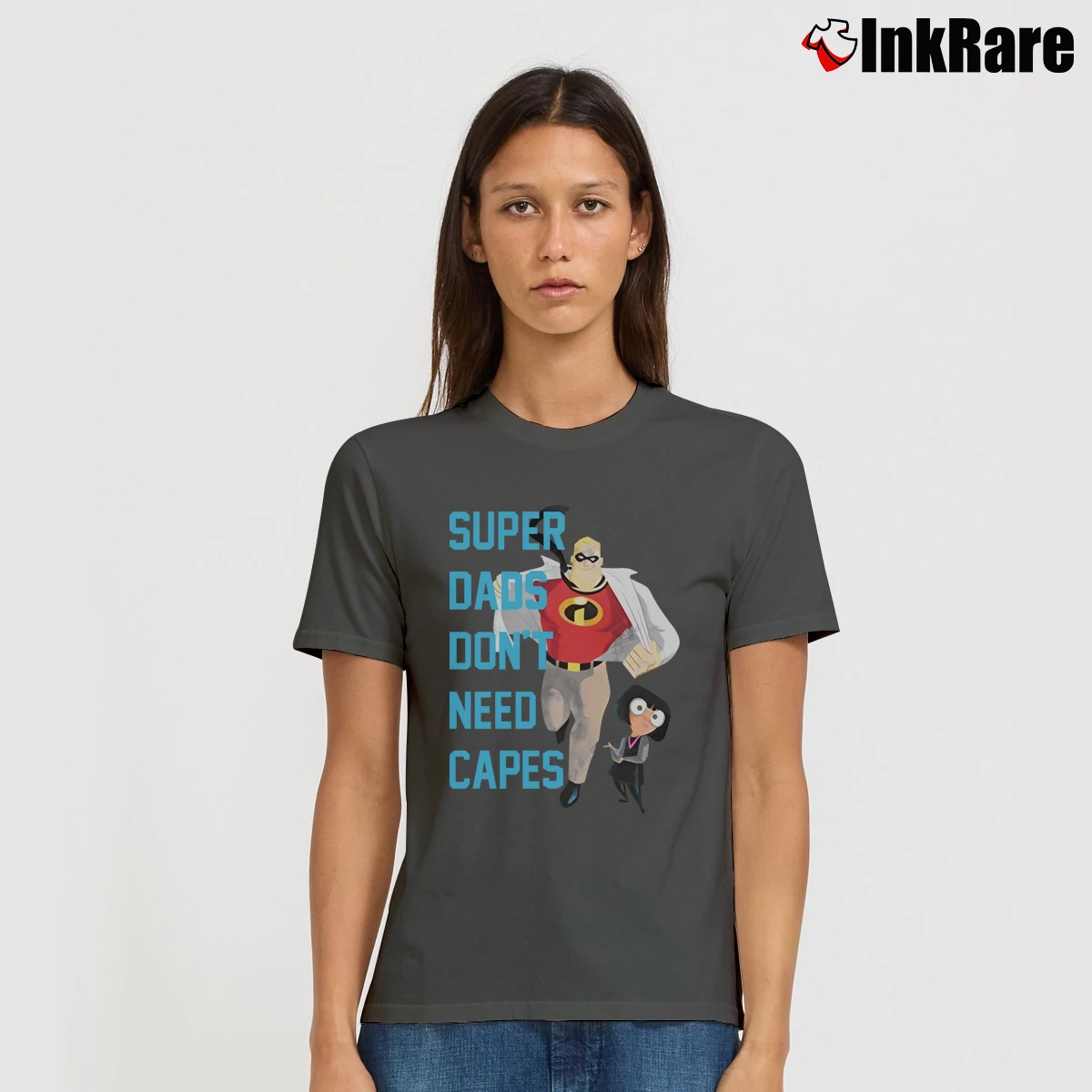 Women’s The Incredibles Super Dads Don't Need Capes Signature T-Shirt in charcoal | Soft, Flattering Fit