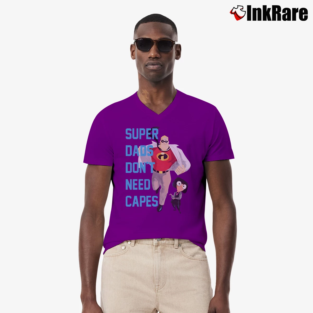 Men’s The Incredibles Super Dads Don't Need Capes V-Neck Tee in purple | Sharp, Breathable, Everyday Staple