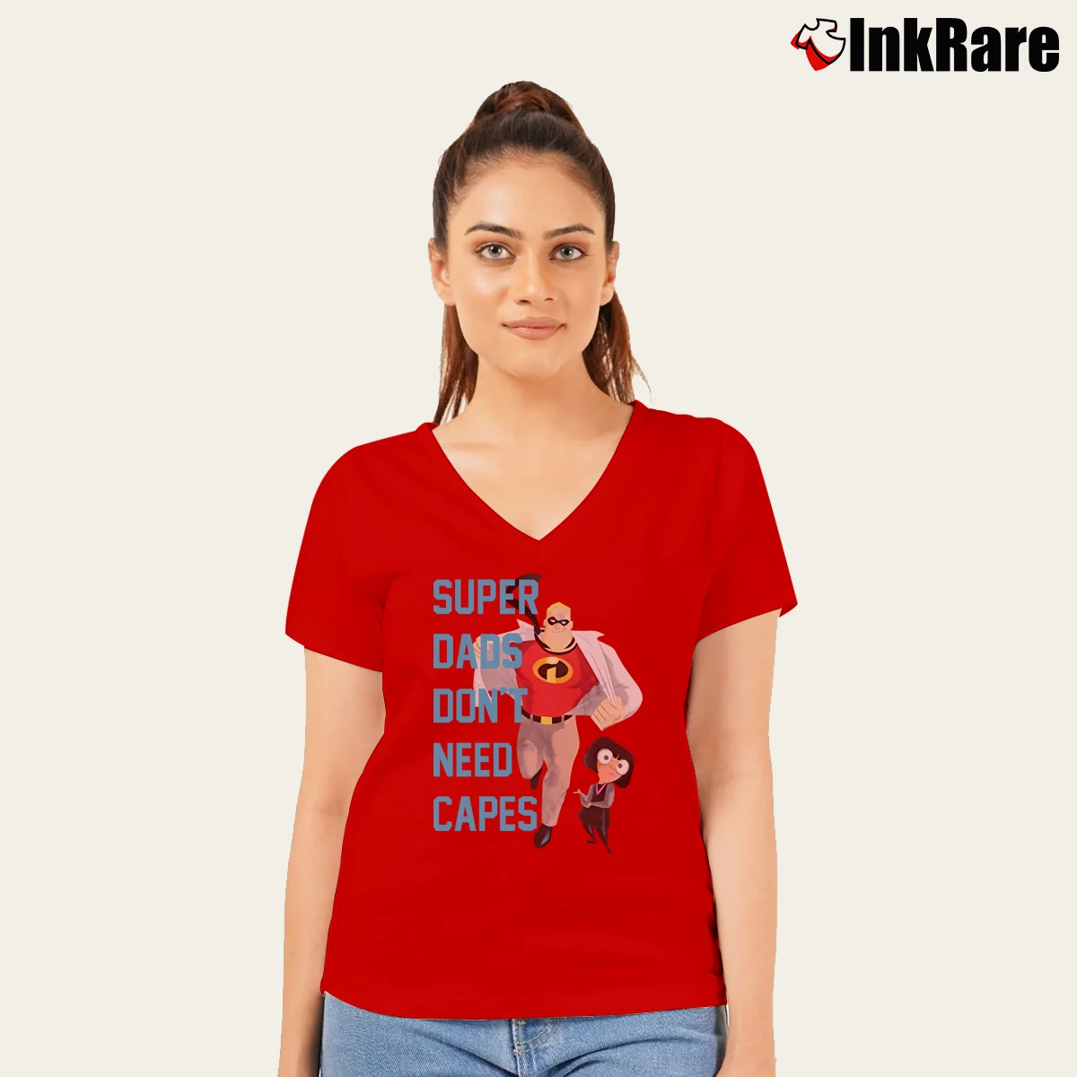Women’s The Incredibles Super Dads Don't Need Capes V-Neck Tee in red | Chic Neckline, Soft Texture