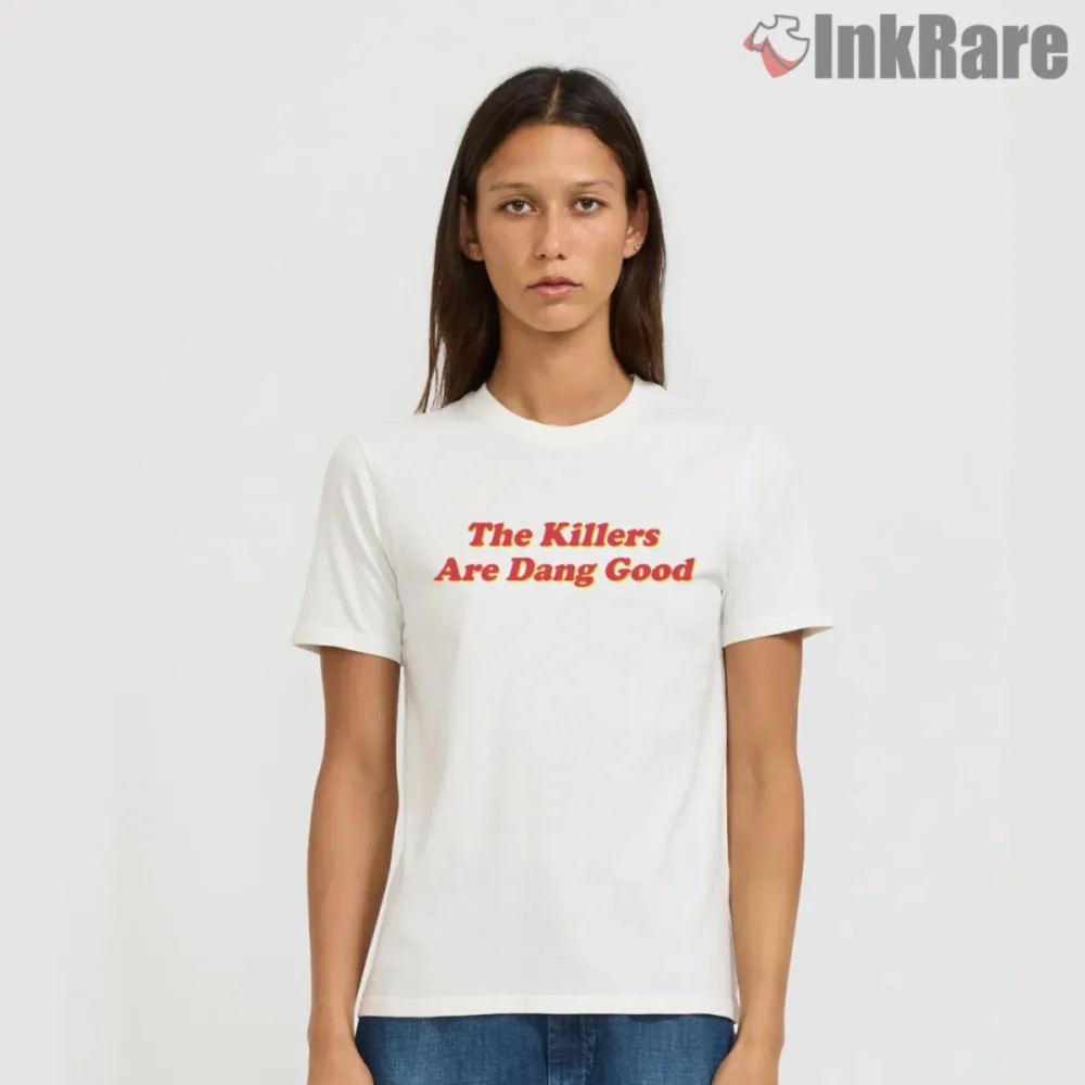 White women short sleeve tee with The Killers Are Dang Good slogan in red and yellow