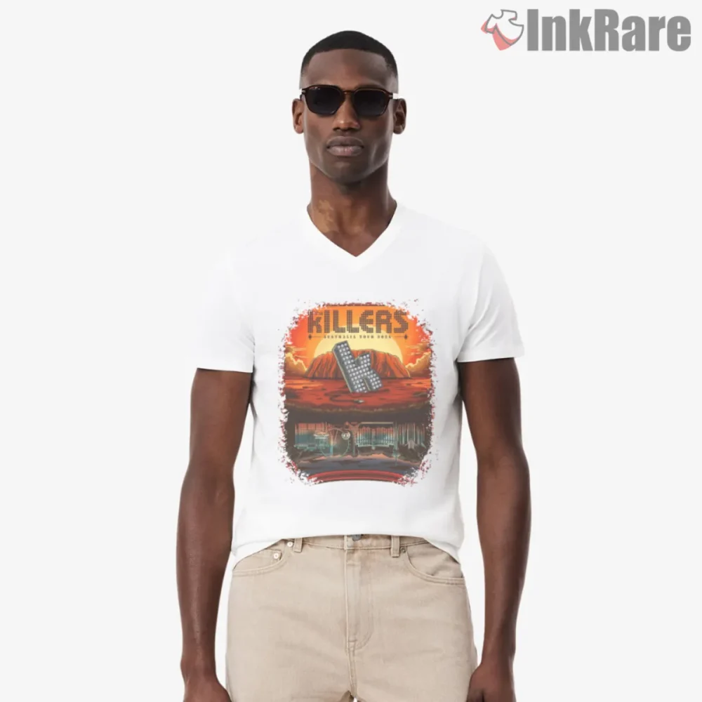 The Killers Australia Tour Shirt with desert sunrise and chrome K monogram on a white V-neck tee