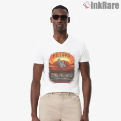 The Killers Australia Tour Shirt with desert sunrise and chrome K monogram on a white V-neck tee