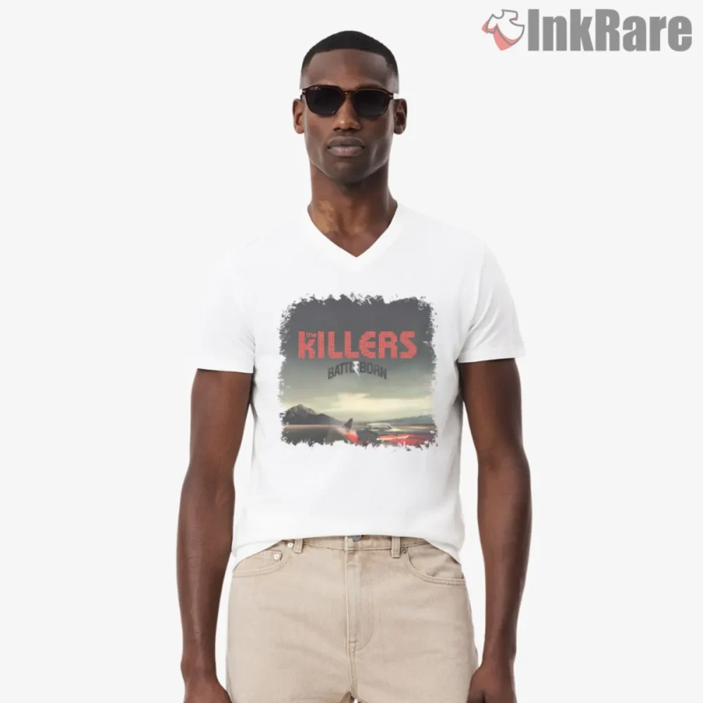 The Killers Battle Born Shirt with desert highway cover art on white tee