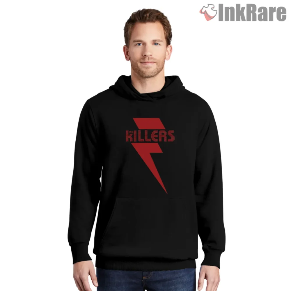 Black hoodie with The Killers bolt logo in red across the chest