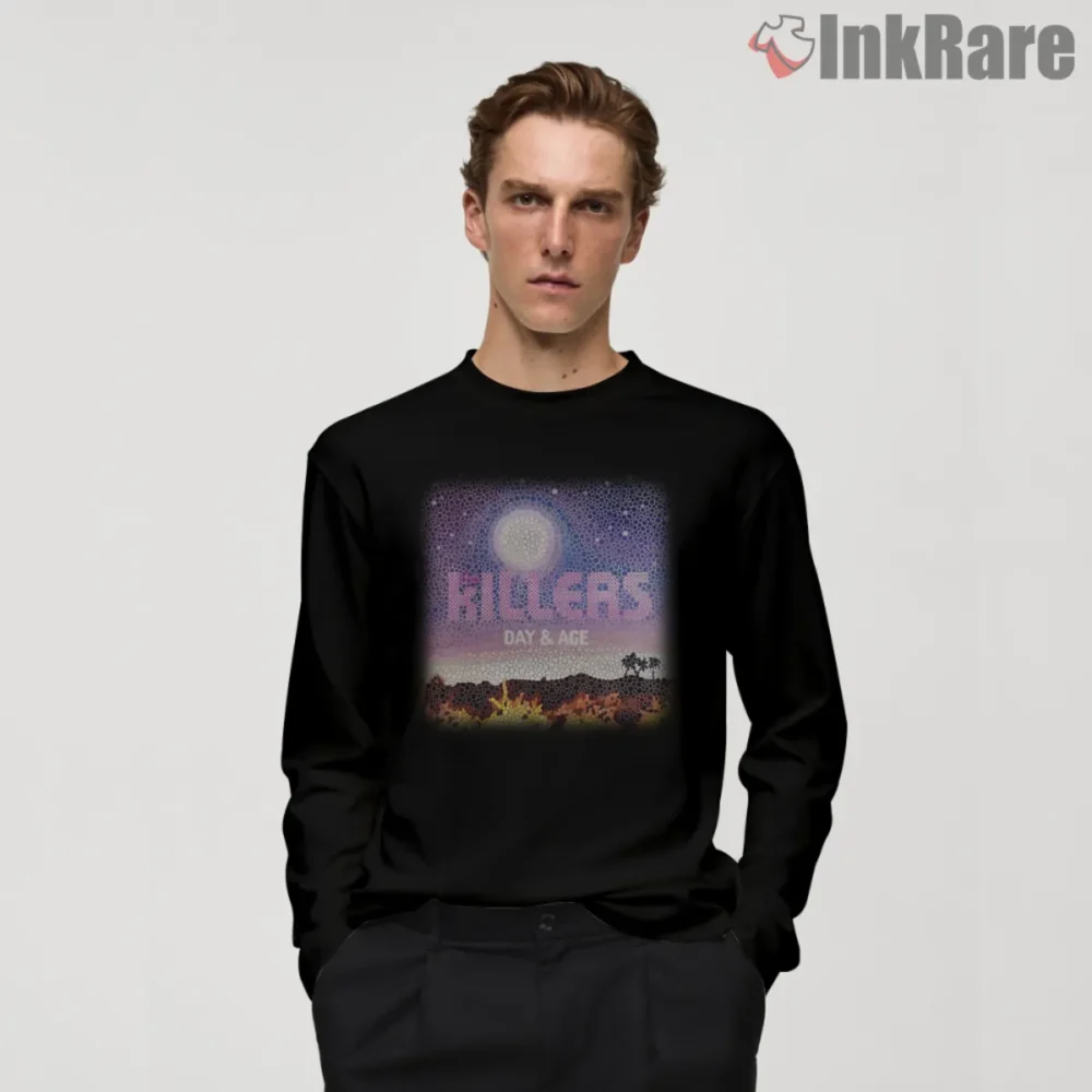 Black long sleeve shirt with The Killers Day and Age mosaic moon artwork in purple and pink tones