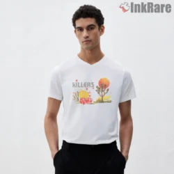 White V neck shirt with The Killers desert graphic featuring Joshua tree, red sun, dice, coins, and stars