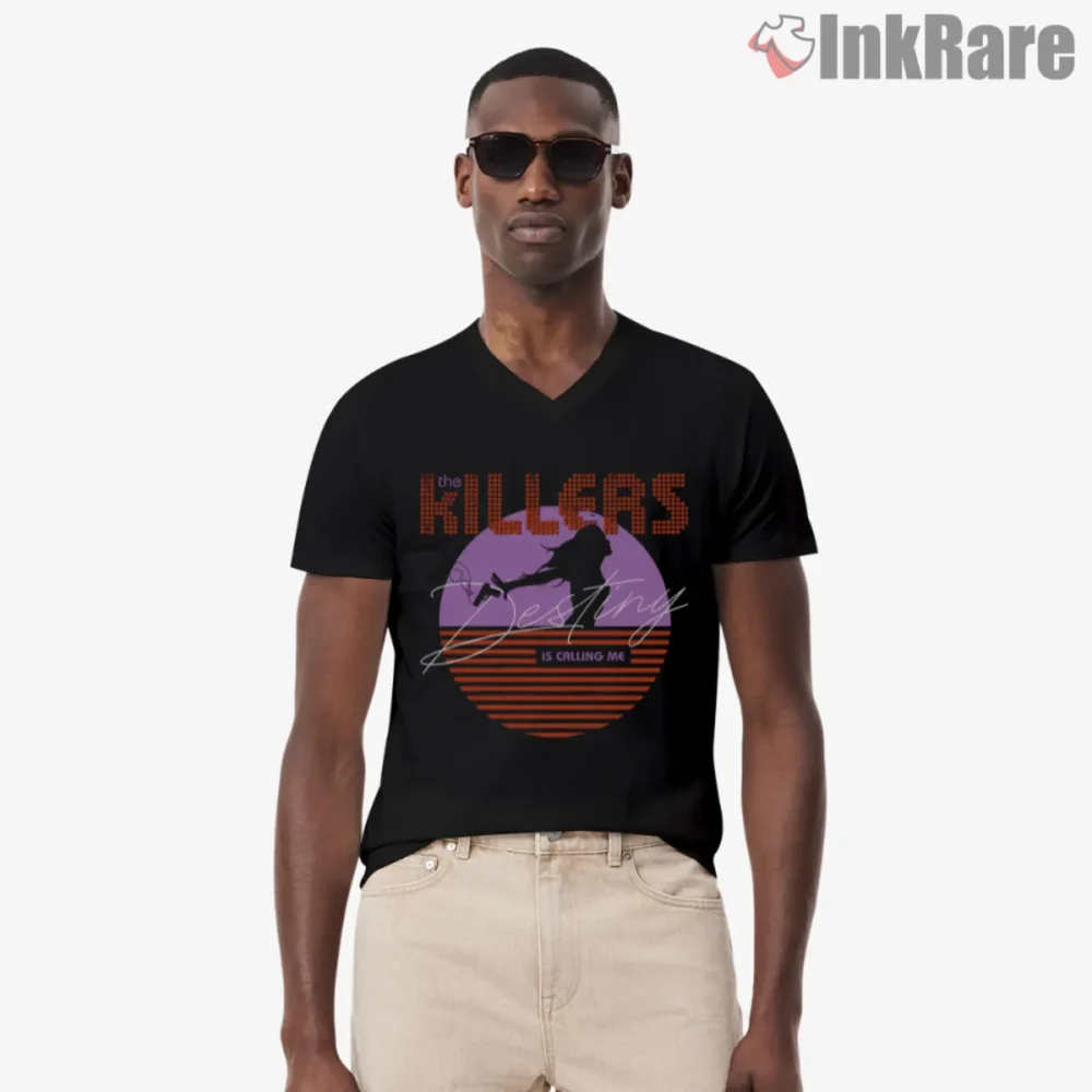 The Killers Destiny Is Calling Me Shirt with purple circle, silhouette, and dotted logo on black v-neck tee