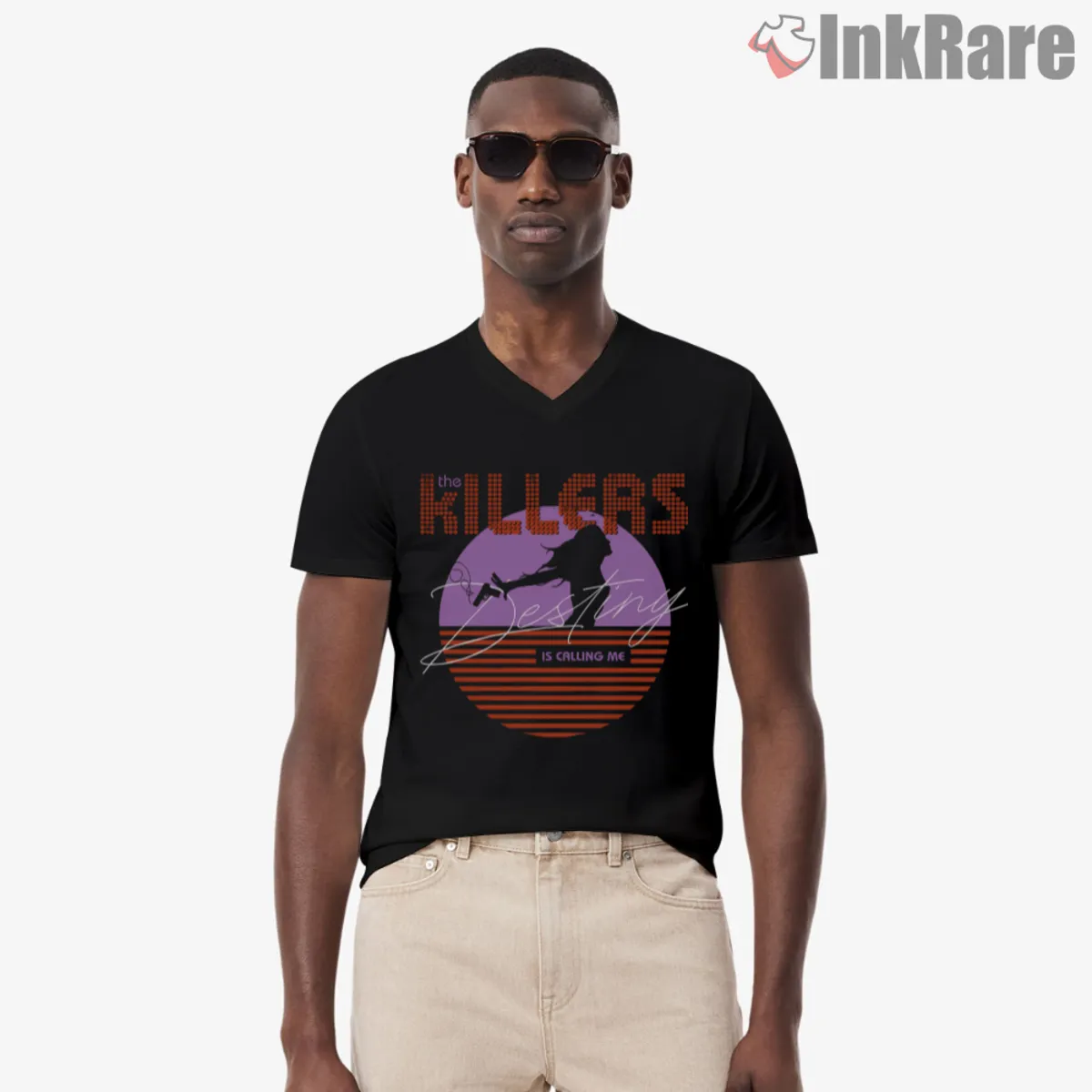 The Killers Destiny Is Calling Me Shirt Front The Killers Destiny Is Calling Me Shirt with purple circle, silhouette, and dotted logo on black v-neck tee