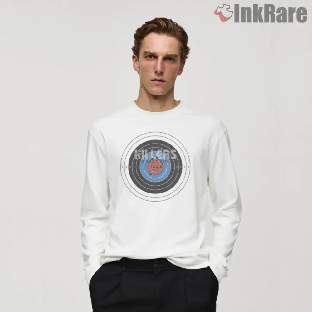 The Killers Direct Hits Shirt with target graphic and dotted logo on white long sleeve