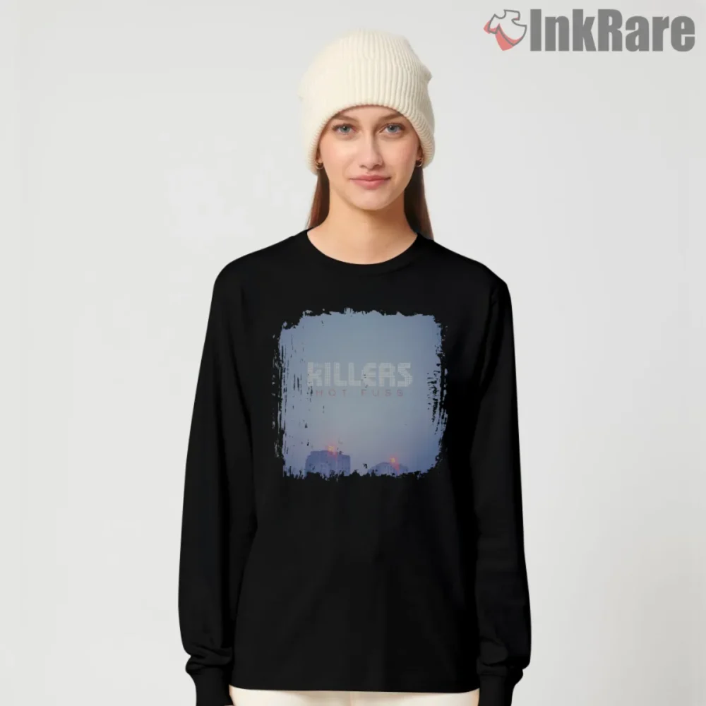 The Killers Hot Fuss Shirt with skyline cover art on black long sleeve