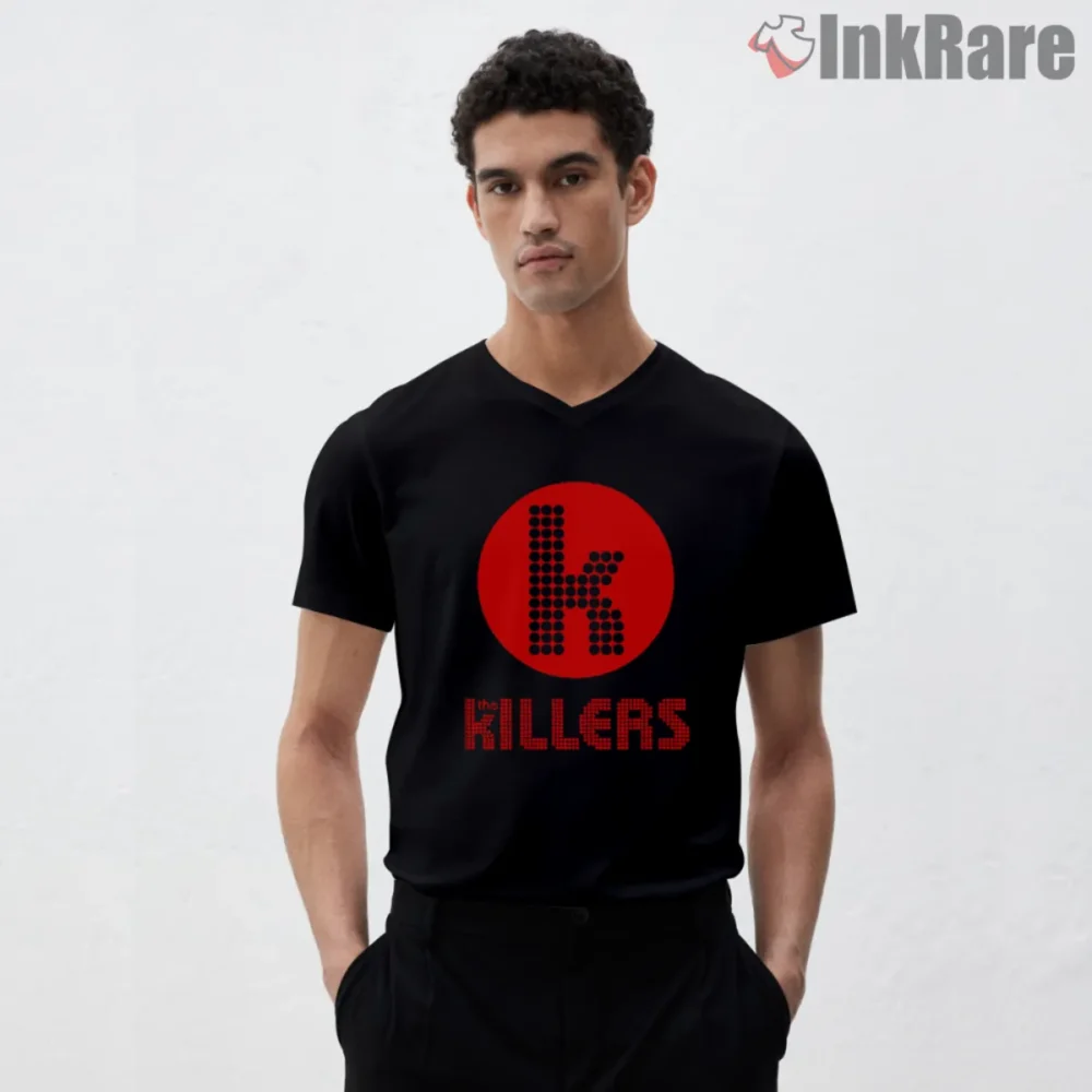 The Killers Logo Shirt with red dot K emblem and dotted band wordmark on black v-neck