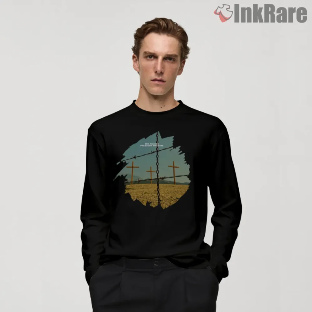 The Killers Pressure Machine Shirt with three crosses and barbed wire frame on black long sleeve