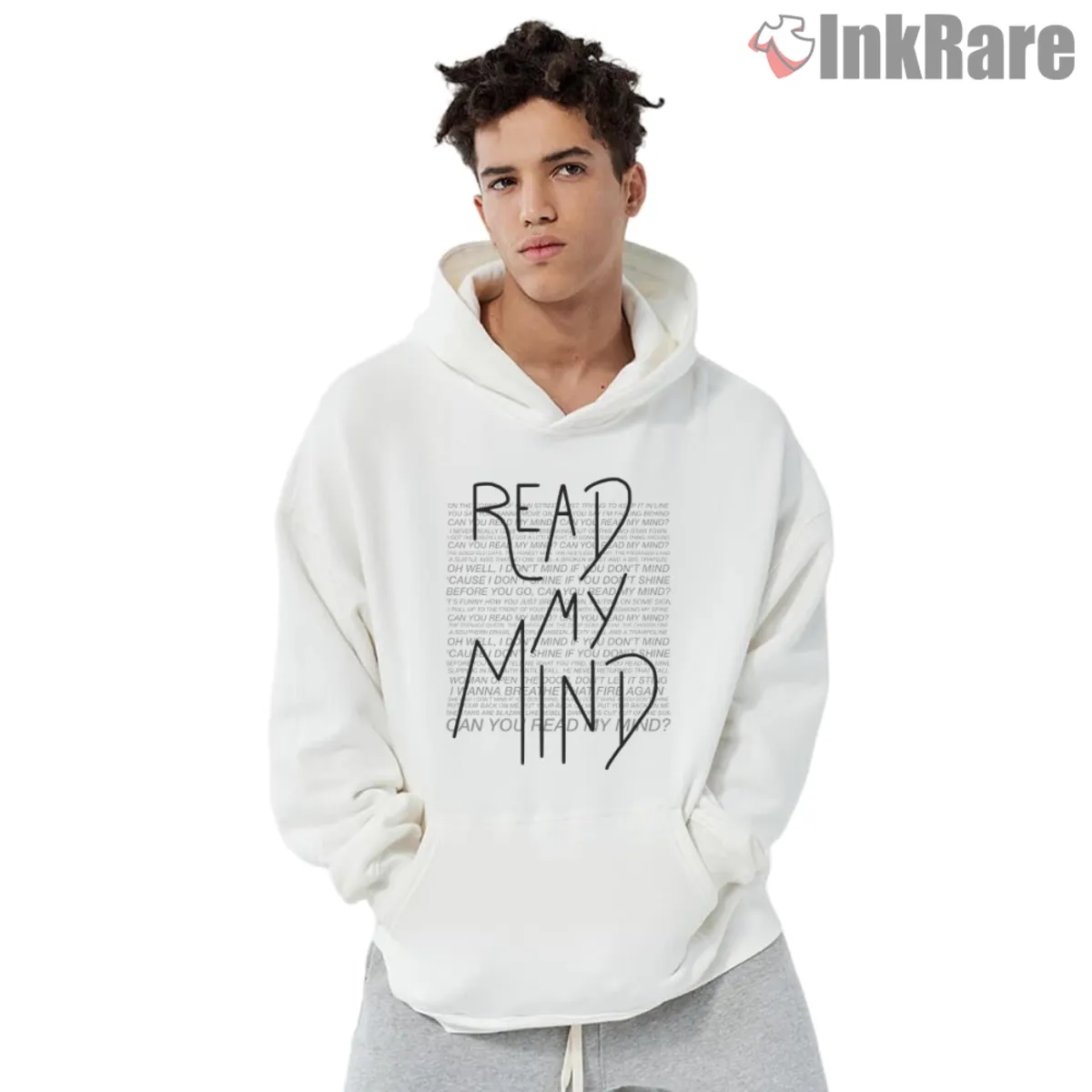 White hoodie featuring Read My Mind lyric artwork