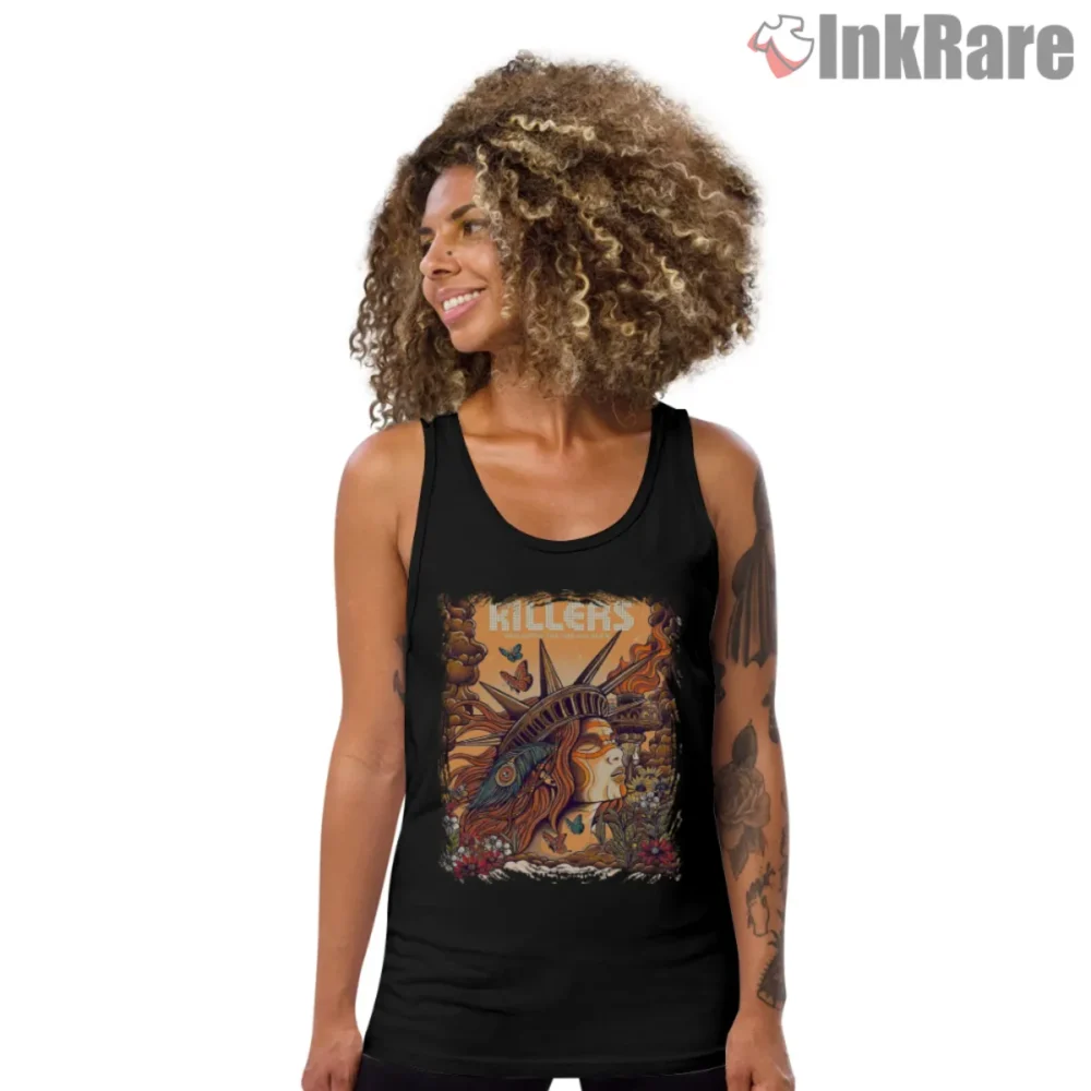 Black tank top featuring The Killers Tour 2022 art with Statue of Liberty motif and butterflies