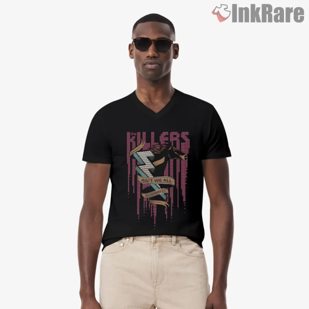 The Killers We All Runaways Shirt with horse graphic and pink dot backdrop on black V neck