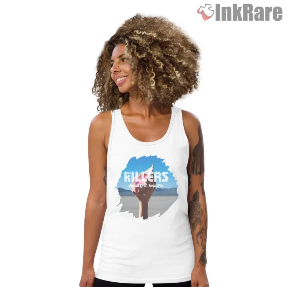 White women tank top featuring The Killers Wonderful Wonderful seashell artwork on a clean cut silhouette