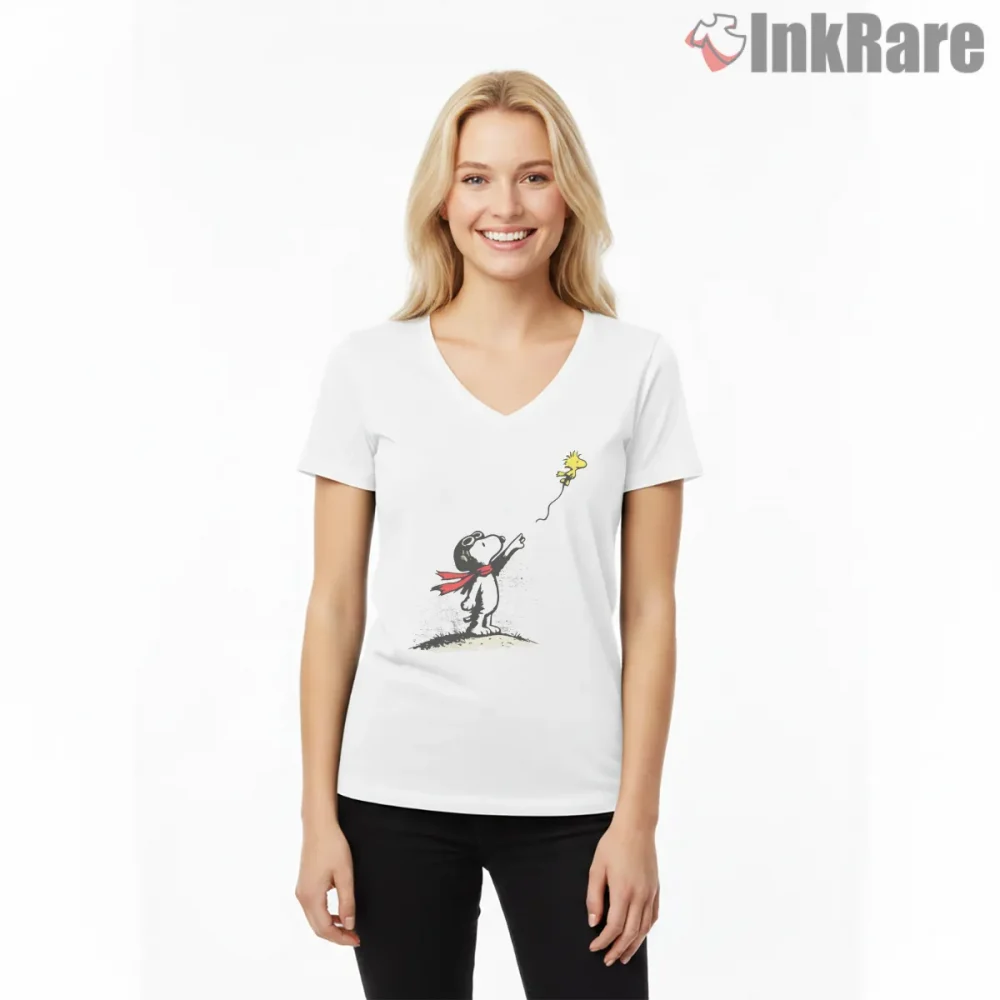 The Little Snoopy Minimal Art Shirt on white v-neck shirt for women graphic tee