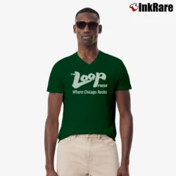 Men’s The Loop FM98 Where Chicago Rocks Chicago Rocks V-Neck Tee in forest green | Sharp, Breathable, Everyday Staple
