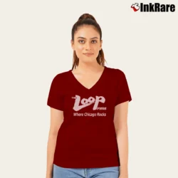 Women’s The Loop FM98 Where Chicago Rocks Chicago Rocks V-Neck Tee in maroon | Chic Neckline, Soft Texture