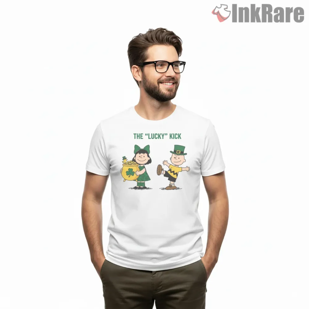 The Lucky Kick Peanuts St Patricks Day Shirt on white short sleeve shirt for men graphic tee
