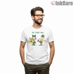 The Lucky Kick Peanuts St Patricks Day Shirt on white short sleeve shirt for men graphic tee