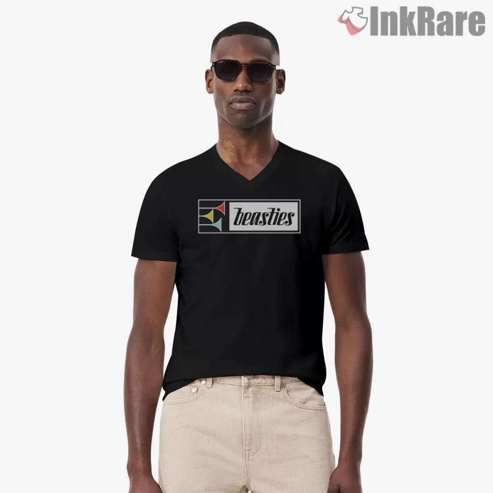 The Maestro Beasties Logo Stripe Shirt on black v-neck shirt for men graphic tee
