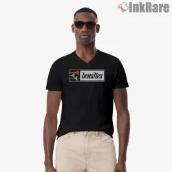 The Maestro Beasties Logo Stripe Shirt on black v-neck shirt for men graphic tee