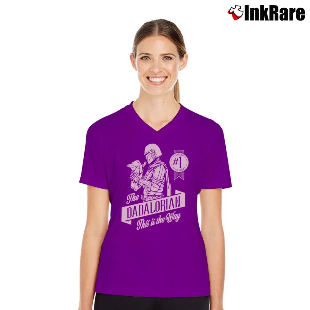 Women’s The Mandalorian And Grogu Dadalorian Fathers Day V-Neck Tee in purple | Chic Neckline, Soft Texture
