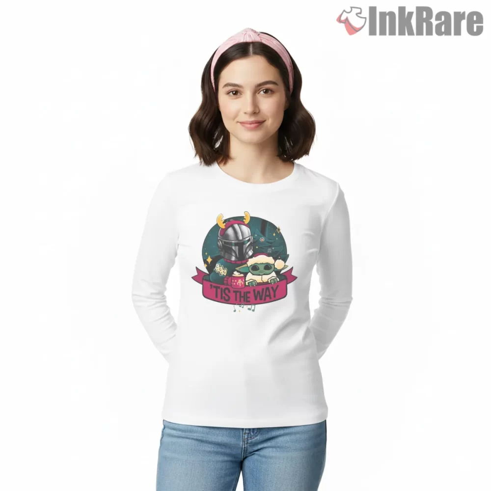 The Mandalorian Holiday Cozy Cartoon Shirt on white long sleeve shirt for women graphic tee