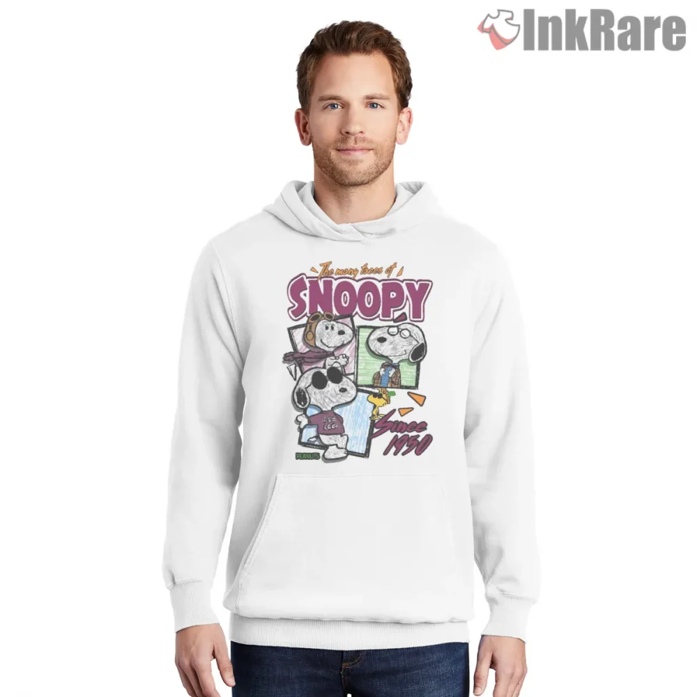 The Many Faces Of Snoopy Retro Collage Shirt on white hoodie for men graphic tee