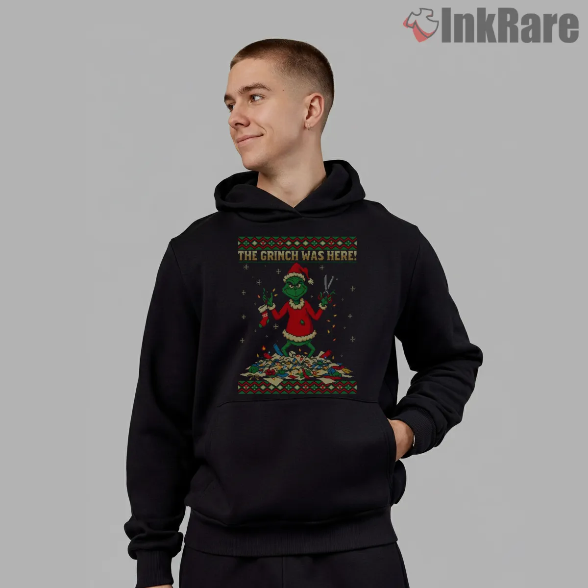 The Mean One Destroying Christmas Lights Grinch Shirt on black hoodie for men graphic tee