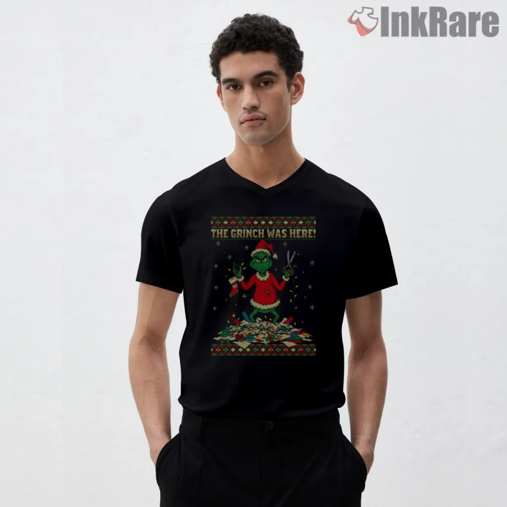 The Mean One Destroying Christmas Lights Grinch Shirt on black v-neck shirt for men graphic tee